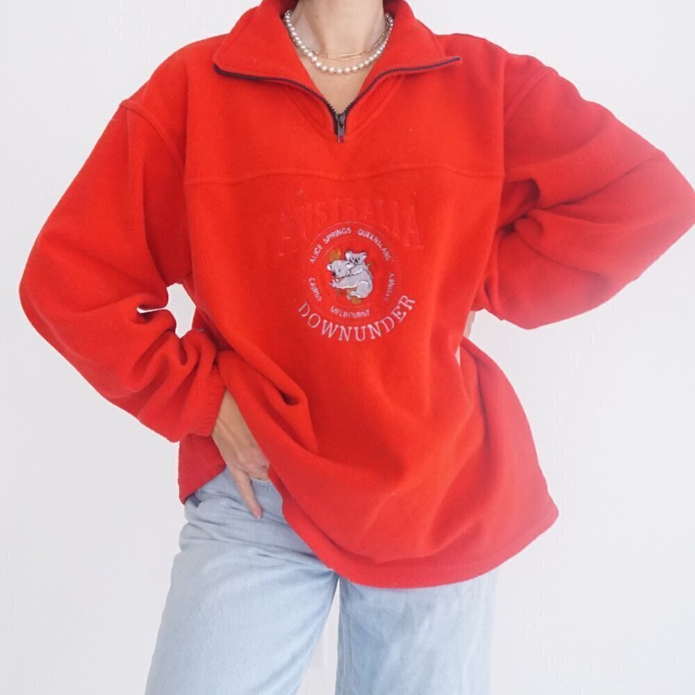 Vtg Down Under Red Embroidered Australia Koala Quarter Zip Fleece Sweater Xl